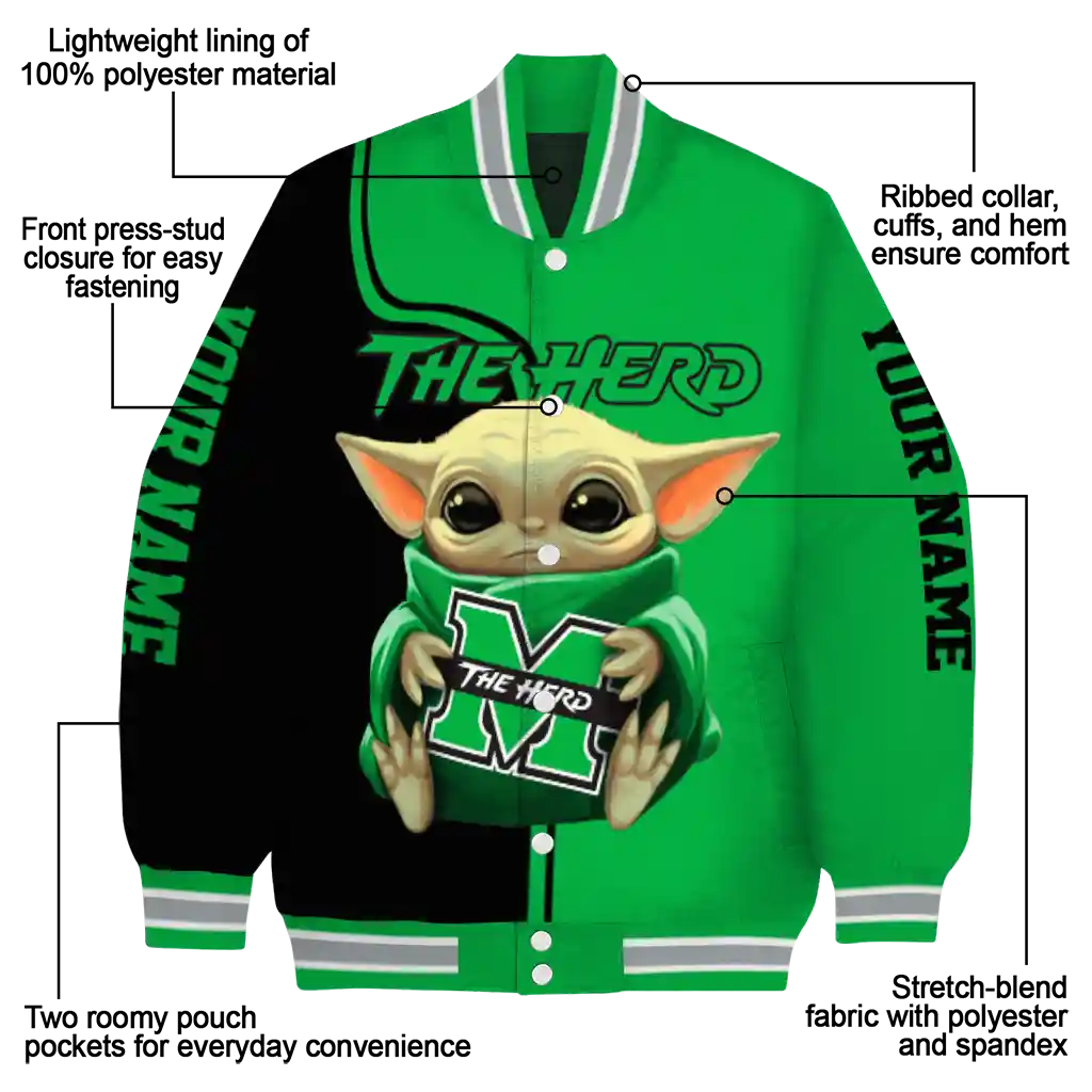 personalized marshall thundering herd adorable yoda green black varsity jacket new arrival personalized marshall thundering herd adorable yoda green black varsity jacket new arrival