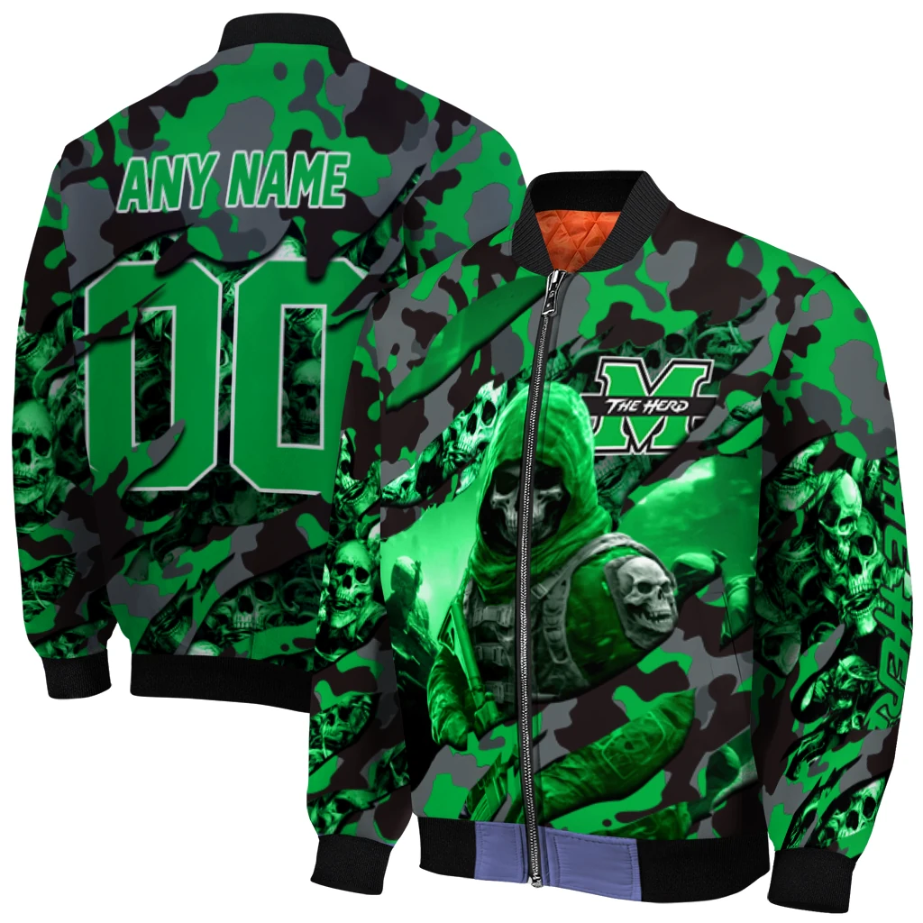 personalized marshall thundering herd skull horde green bomber jacket best selling personalized marshall thundering herd skull horde green bomber jacket best selling