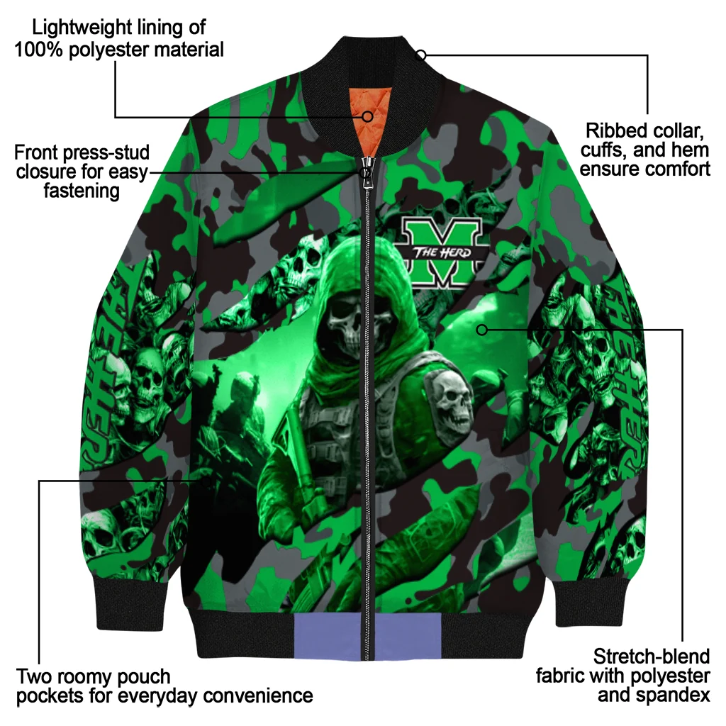personalized marshall thundering herd skull horde green bomber jacket new arrival personalized marshall thundering herd skull horde green bomber jacket new arrival