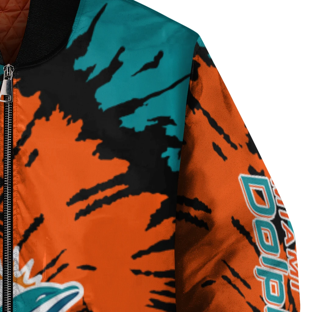 personalized miami dolphins burst splatter aqua bomber jacket premium grade personalized miami dolphins burst splatter aqua bomber jacket premium grade