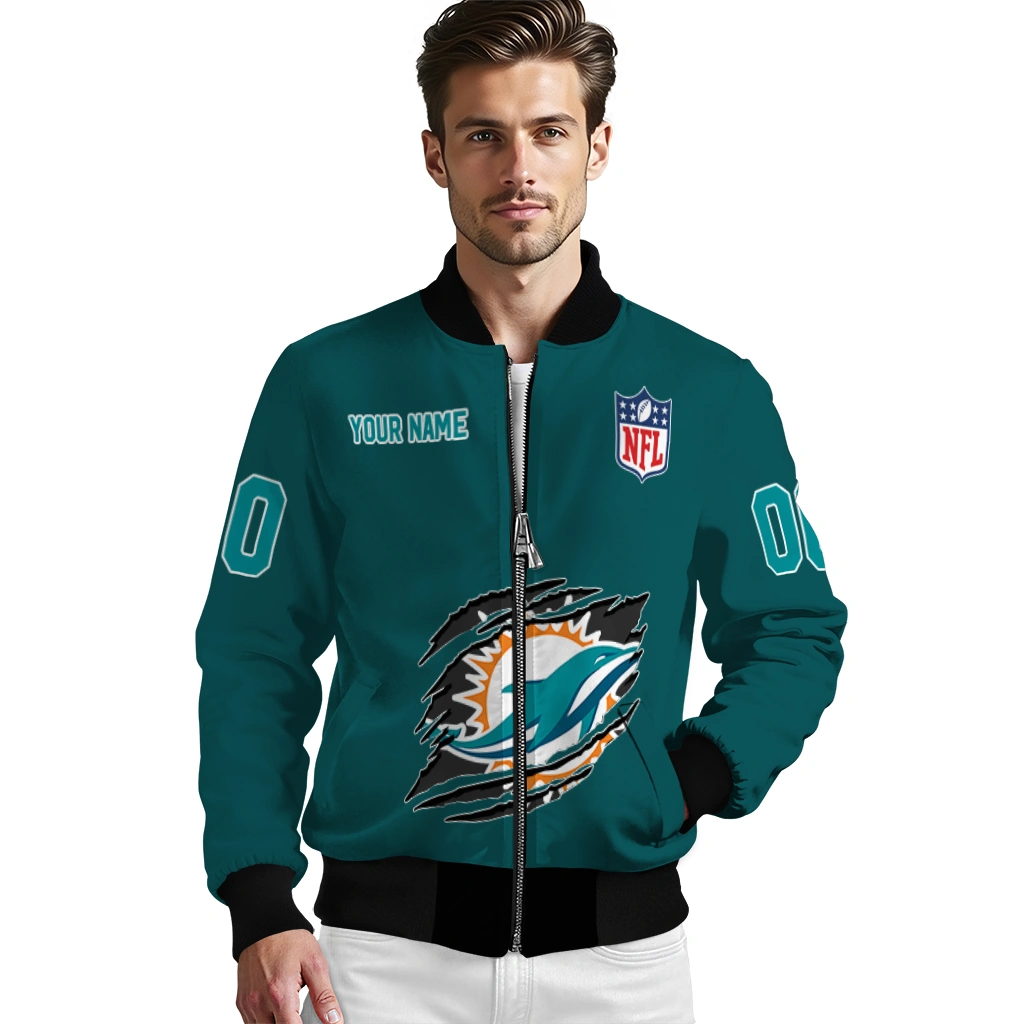 personalized miami dolphins claw scar aqua bomber jacket high quality personalized miami dolphins claw scar aqua bomber jacket high quality