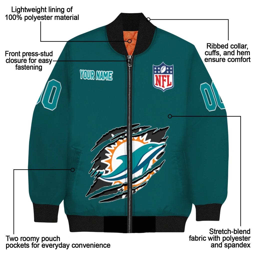 personalized miami dolphins claw scar aqua bomber jacket new arrival personalized miami dolphins claw scar aqua bomber jacket new arrival