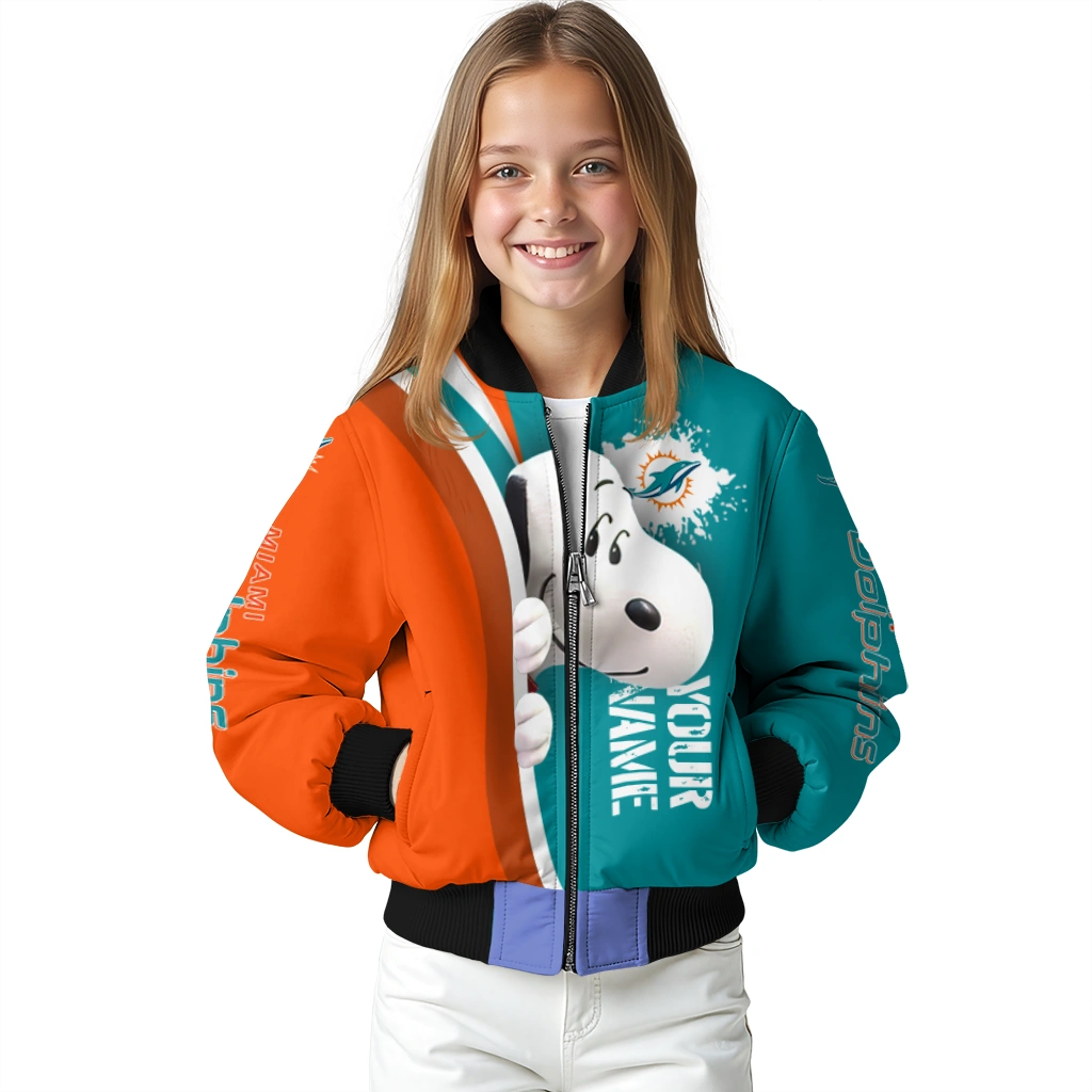personalized miami dolphins snoopy head aqua bomber jacket top rated personalized miami dolphins snoopy head aqua bomber jacket top rated