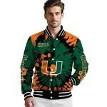 personalized miami hurricanes burst splatter orange varsity jacket best selling