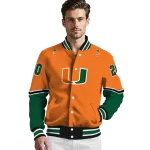 personalized miami hurricanes chevron style orange varsity jacket best selling