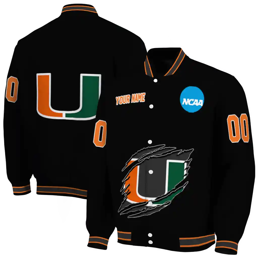 personalized miami hurricanes claw shred black varsity jacket fashion forward personalized miami hurricanes claw shred black varsity jacket fashion forward