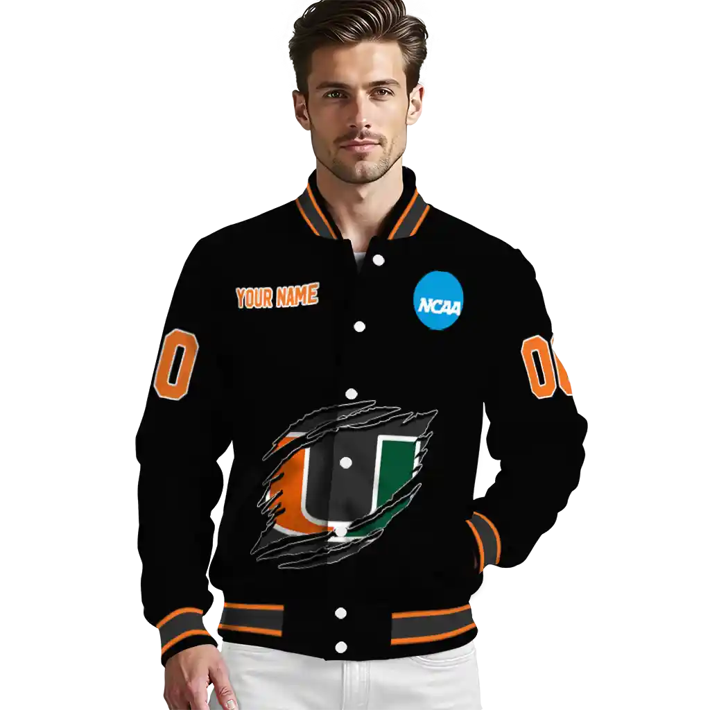 personalized miami hurricanes claw shred black varsity jacket high quality personalized miami hurricanes claw shred black varsity jacket high quality