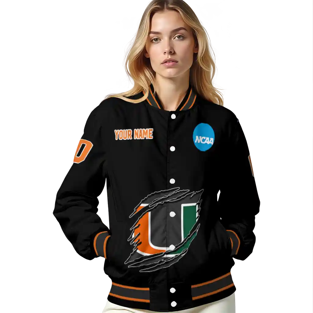 personalized miami hurricanes claw shred black varsity jacket latest model personalized miami hurricanes claw shred black varsity jacket latest model
