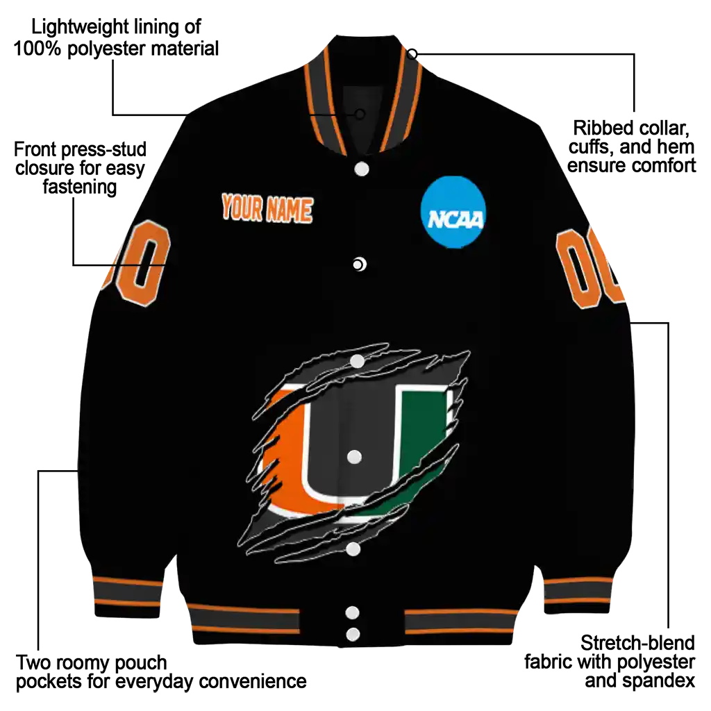 personalized miami hurricanes claw shred black varsity jacket new arrival personalized miami hurricanes claw shred black varsity jacket new arrival