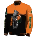 personalized miami hurricanes groot football orange black varsity jacket best selling