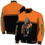 personalized miami hurricanes groot football orange black varsity jacket best selling