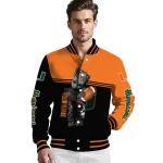 personalized miami hurricanes groot football orange black varsity jacket best selling