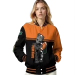 personalized miami hurricanes groot football orange black varsity jacket best selling