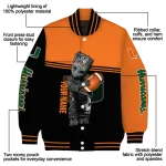 personalized miami hurricanes groot football orange black varsity jacket best selling