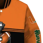 personalized miami hurricanes groot football orange black varsity jacket best selling