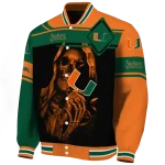 personalized miami hurricanes reaper hands orange black varsity jacket best selling