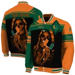 personalized miami hurricanes reaper hands orange black varsity jacket best selling