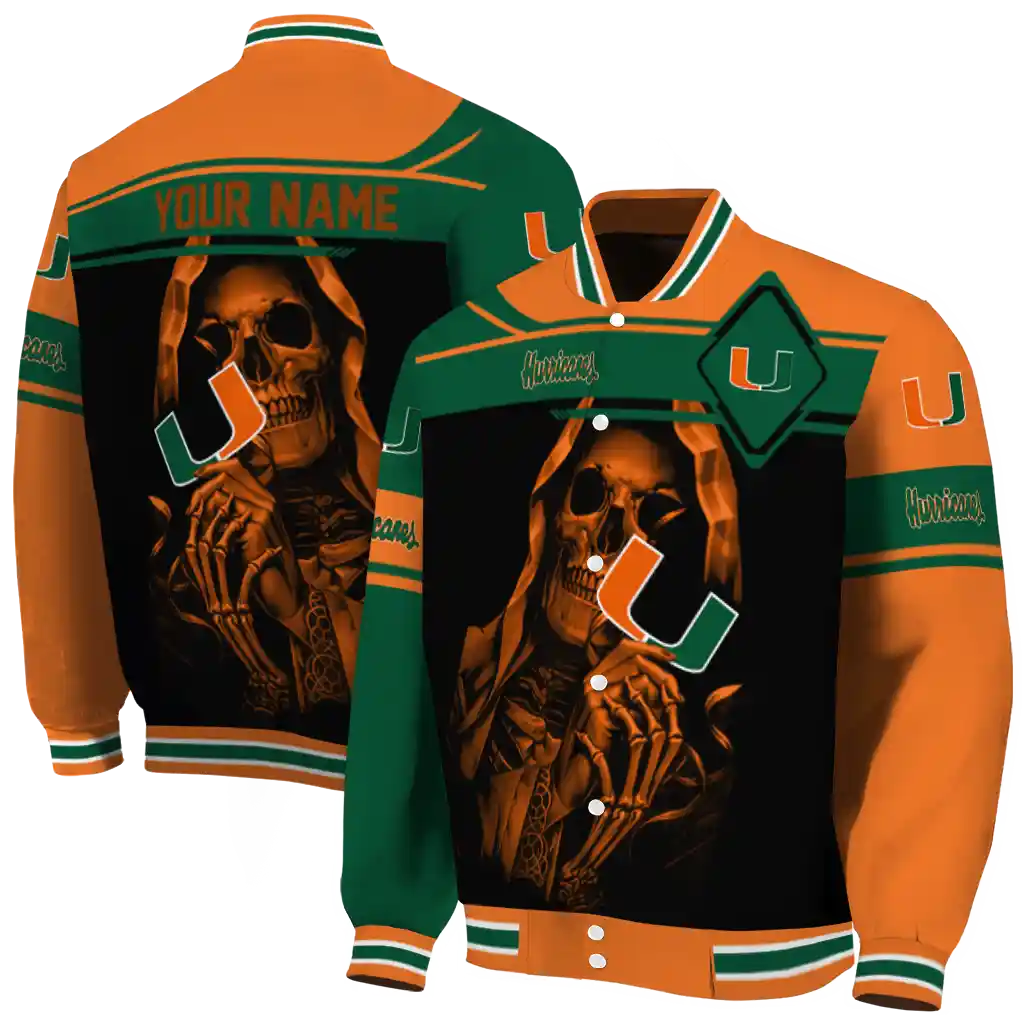 personalized miami hurricanes reaper hands orange black varsity jacket fashion forward personalized miami hurricanes reaper hands orange black varsity jacket fashion forward