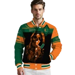 personalized miami hurricanes reaper hands orange black varsity jacket best selling