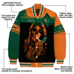 personalized miami hurricanes reaper hands orange black varsity jacket best selling
