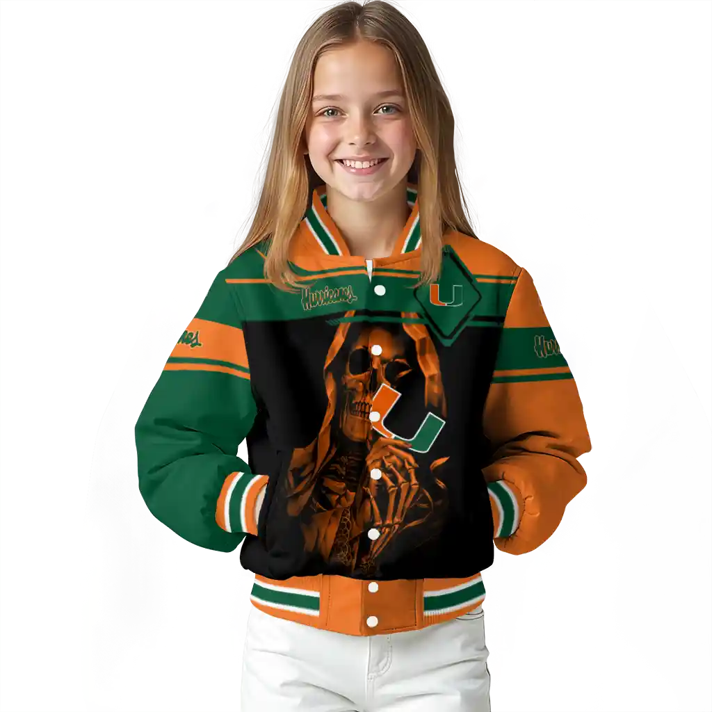 personalized miami hurricanes reaper hands orange black varsity jacket top rated personalized miami hurricanes reaper hands orange black varsity jacket top rated