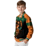 personalized miami hurricanes reaper hands orange black varsity jacket best selling