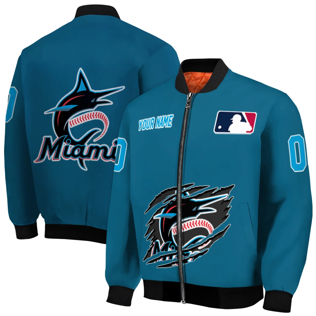 personalized miami marlins claw gash blue bomber jacket best selling personalized miami marlins claw gash blue bomber jacket best selling