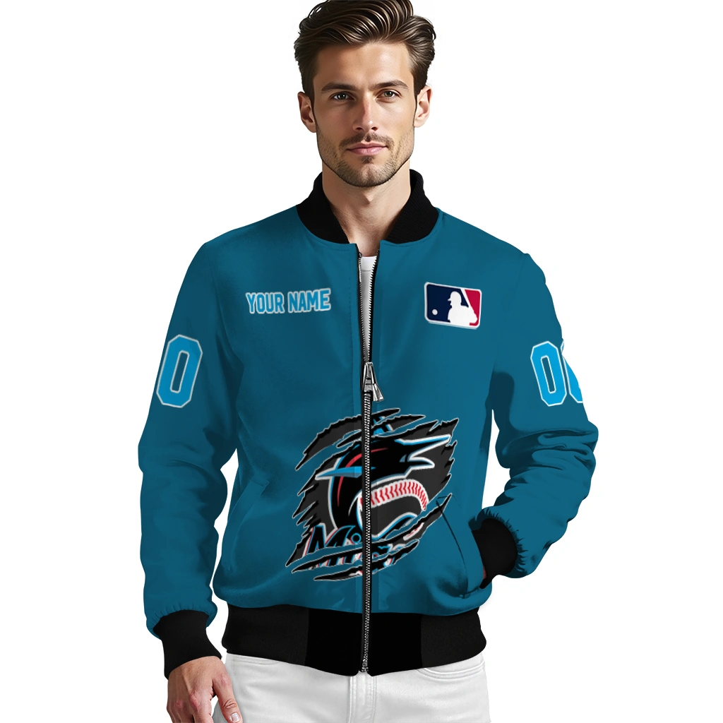 personalized miami marlins claw gash blue bomber jacket high quality personalized miami marlins claw gash blue bomber jacket high quality