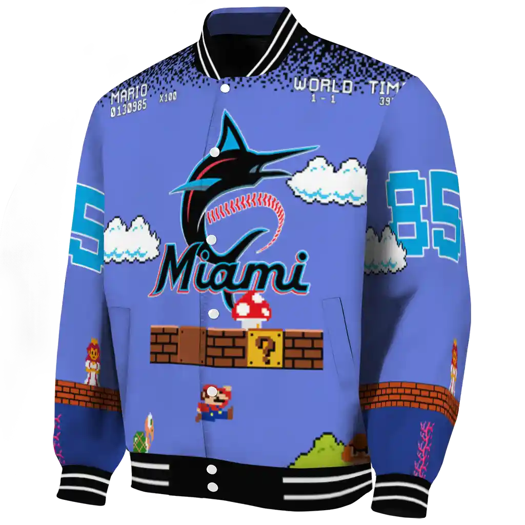 personalized miami marlins mario blocks blue black varsity jacket best selling personalized miami marlins mario blocks blue black varsity jacket best selling