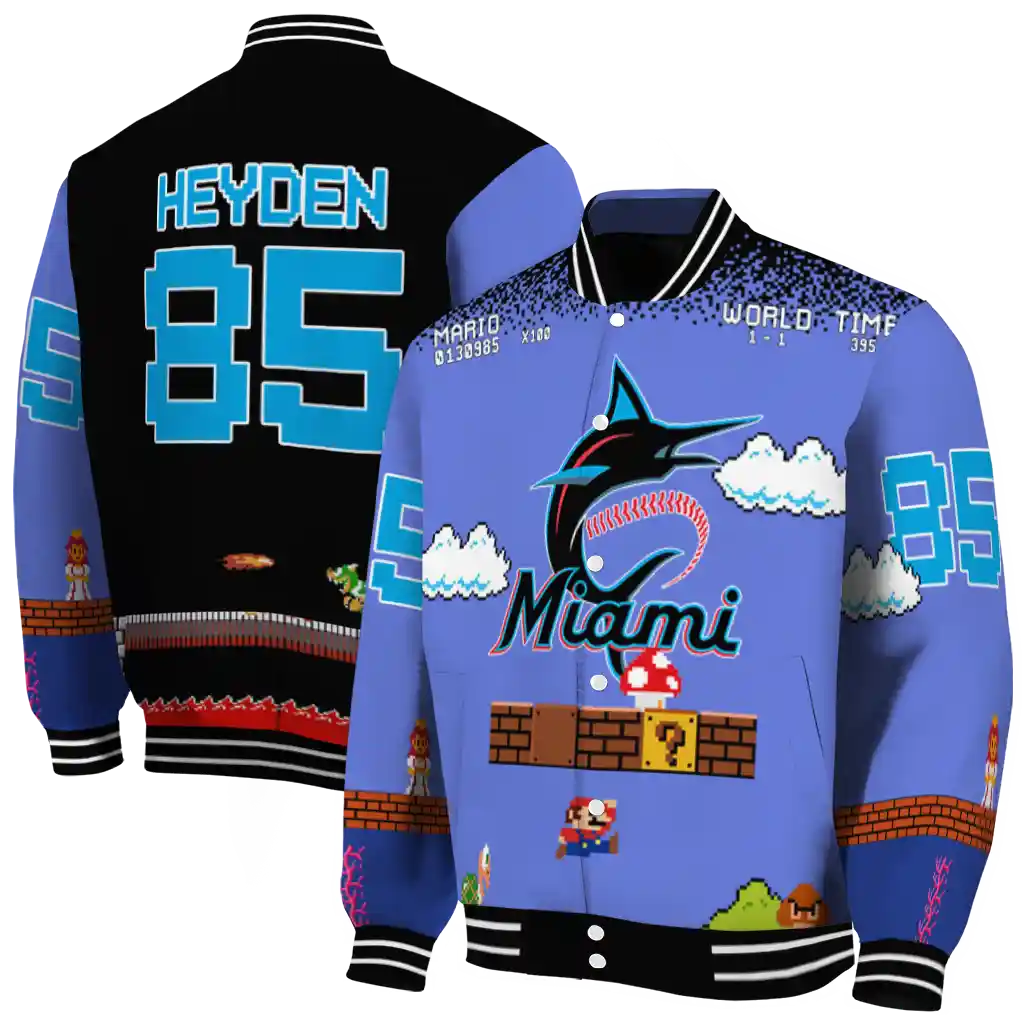 personalized miami marlins mario blocks blue black varsity jacket fashion forward personalized miami marlins mario blocks blue black varsity jacket fashion forward