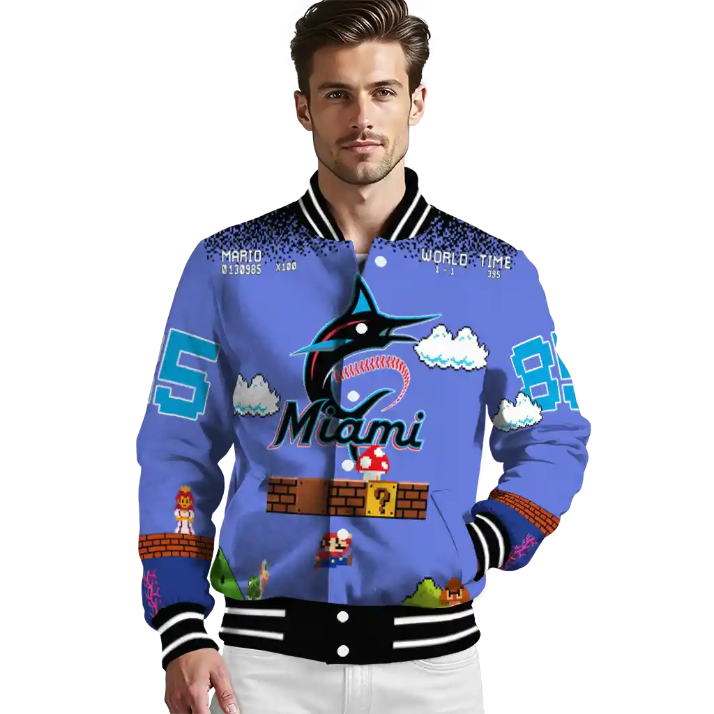 personalized miami marlins mario blocks blue black varsity jacket high quality personalized miami marlins mario blocks blue black varsity jacket high quality