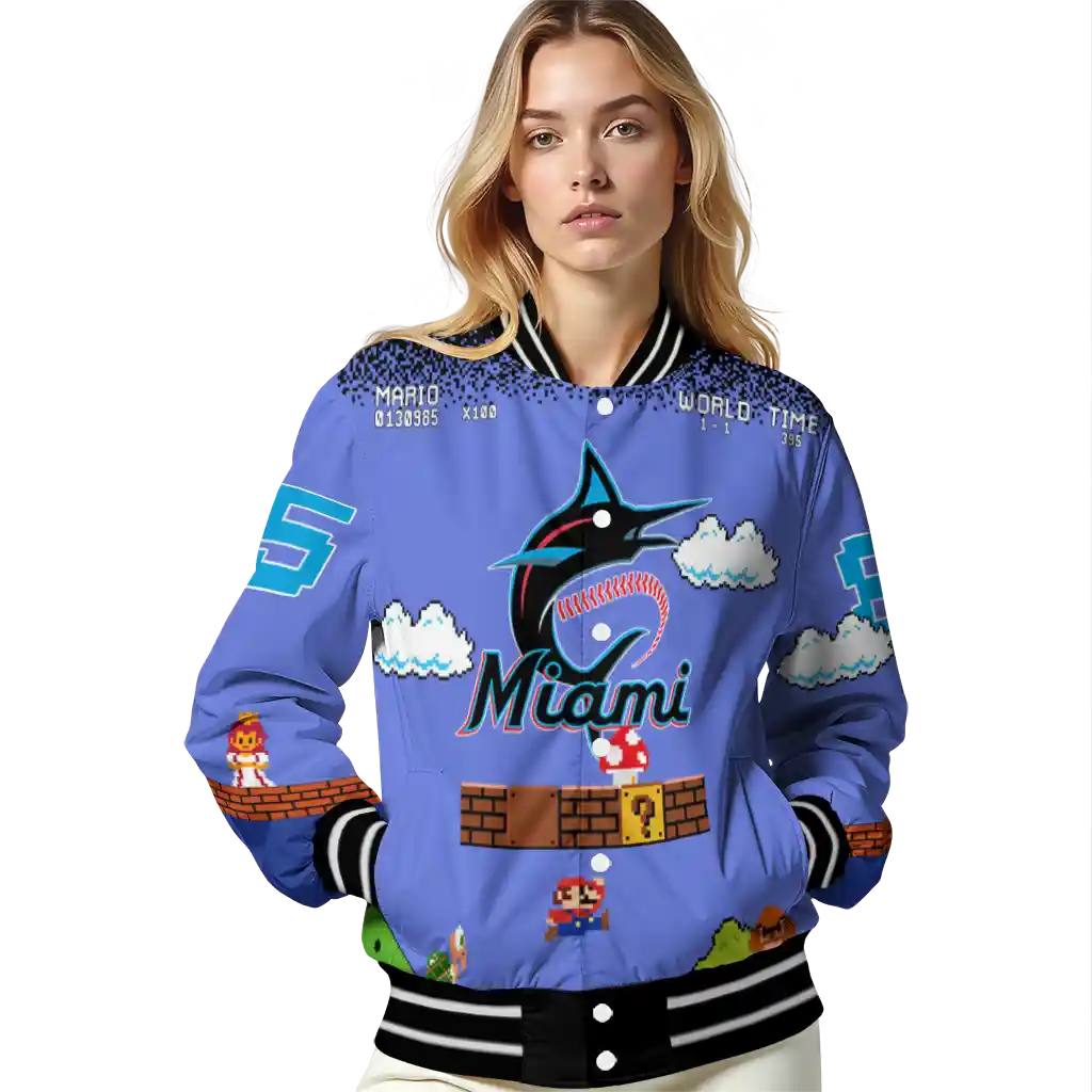 personalized miami marlins mario blocks blue black varsity jacket latest model personalized miami marlins mario blocks blue black varsity jacket latest model