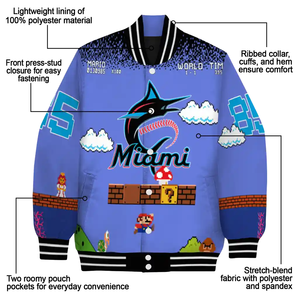 personalized miami marlins mario blocks blue black varsity jacket new arrival personalized miami marlins mario blocks blue black varsity jacket new arrival