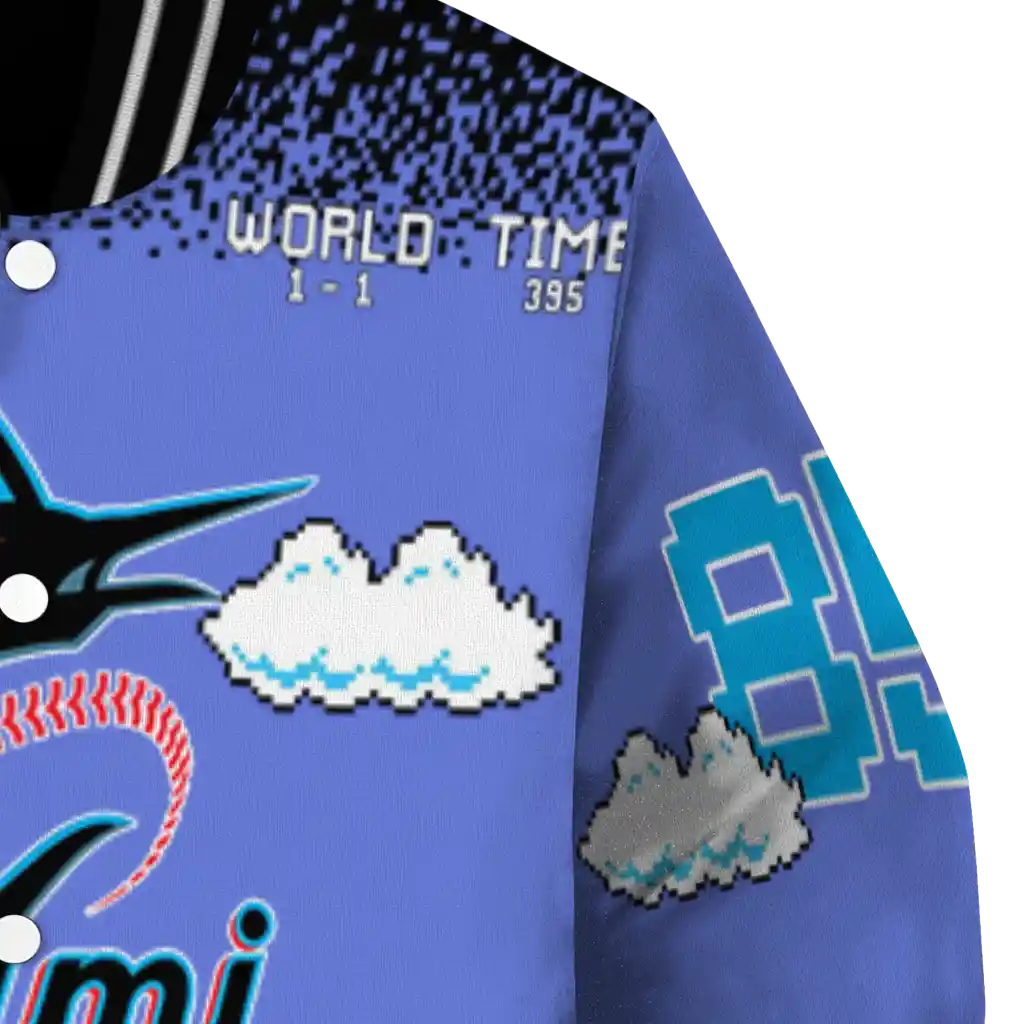 personalized miami marlins mario blocks blue black varsity jacket premium grade personalized miami marlins mario blocks blue black varsity jacket premium grade