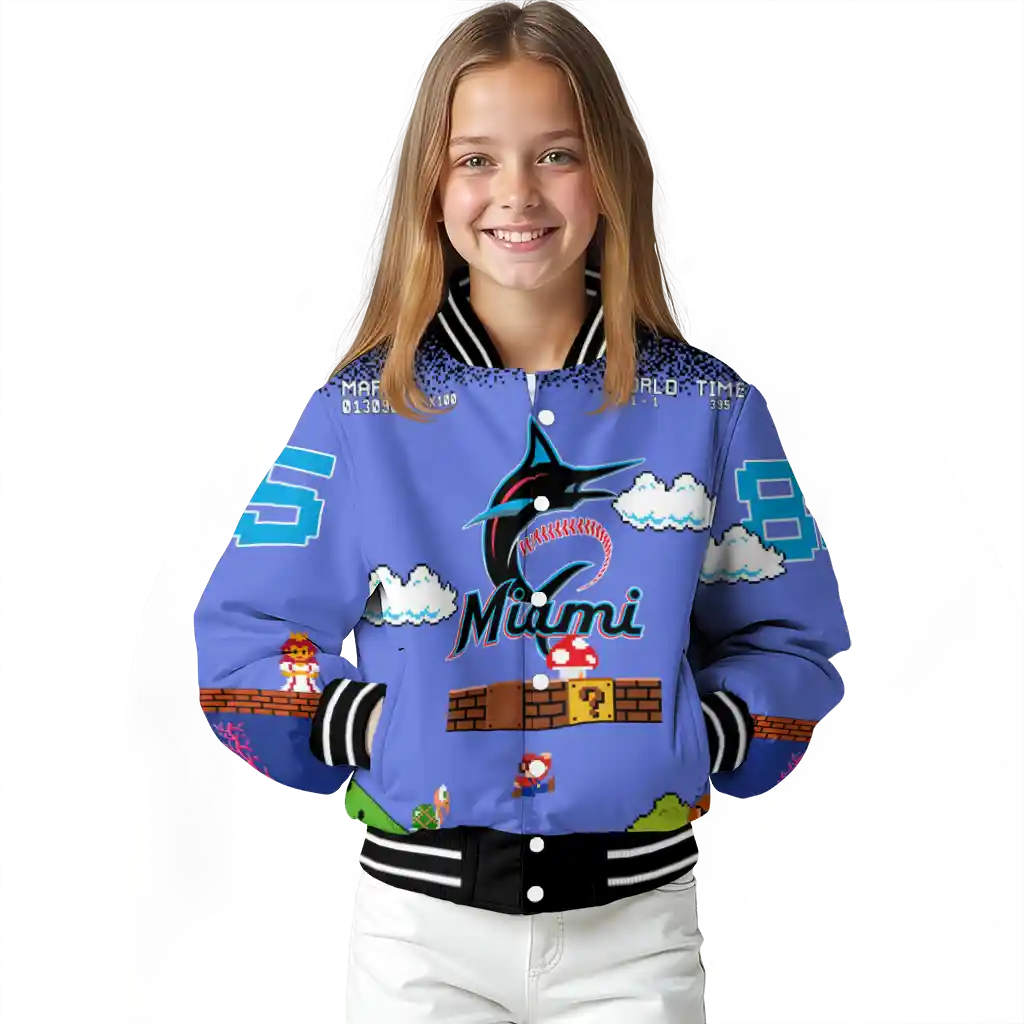 personalized miami marlins mario blocks blue black varsity jacket top rated personalized miami marlins mario blocks blue black varsity jacket top rated