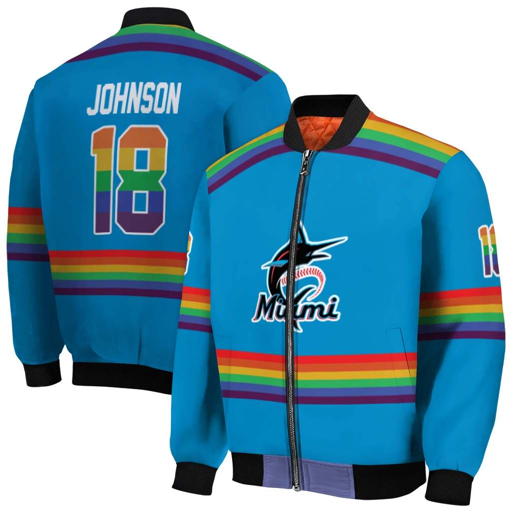 personalized miami marlins rainbow jersey number blue bomber jacket best selling personalized miami marlins rainbow jersey number blue bomber jacket best selling