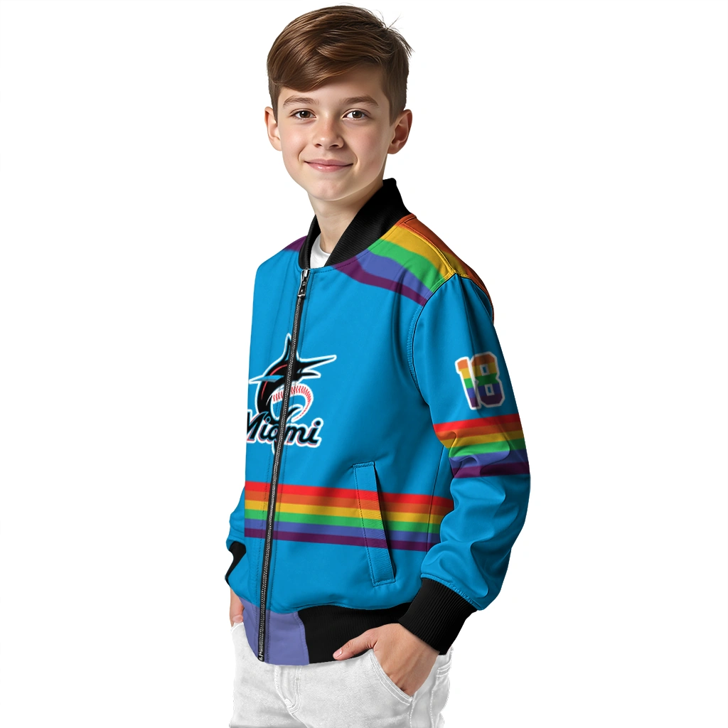 personalized miami marlins rainbow jersey number blue bomber jacket trendy personalized miami marlins rainbow jersey number blue bomber jacket trendy