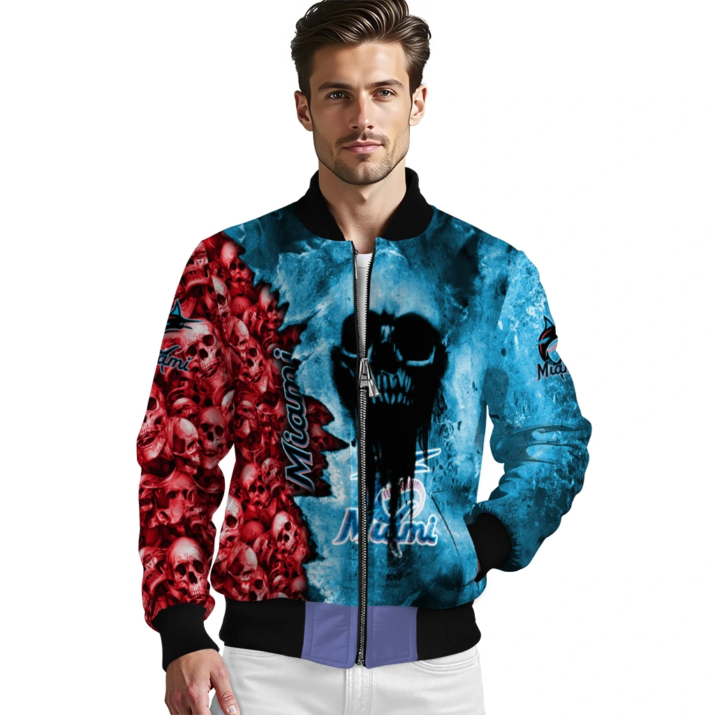 personalized miami marlins skull cluster blue bomber jacket high quality personalized miami marlins skull cluster blue bomber jacket high quality