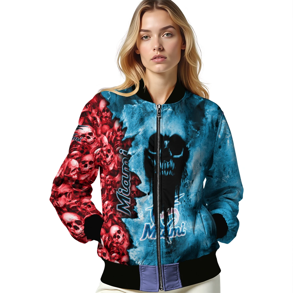personalized miami marlins skull cluster blue bomber jacket latest model personalized miami marlins skull cluster blue bomber jacket latest model