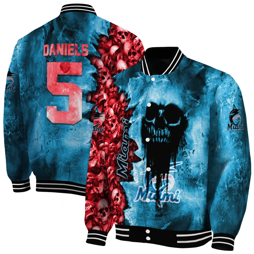 personalized miami marlins skull cluster blue varsity jacket fashion forward personalized miami marlins skull cluster blue varsity jacket fashion forward