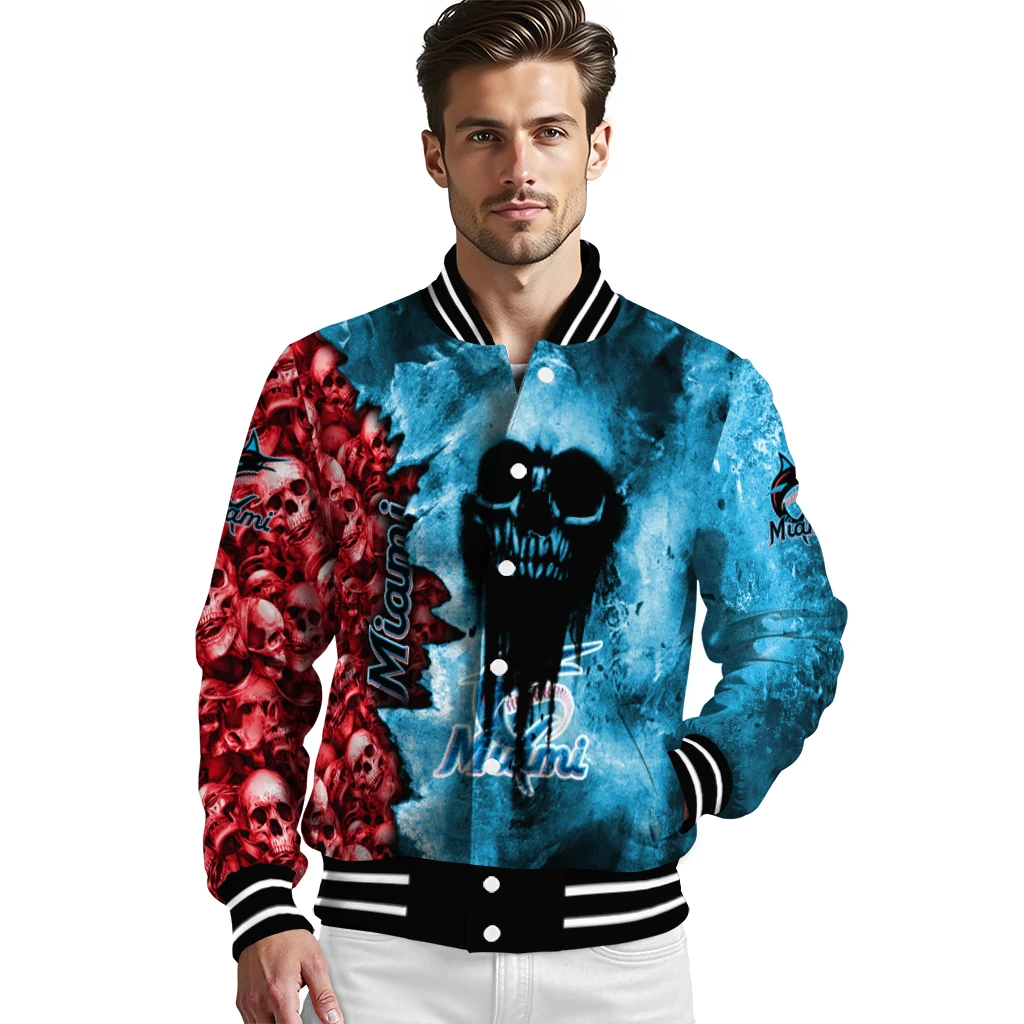 personalized miami marlins skull cluster blue varsity jacket high quality personalized miami marlins skull cluster blue varsity jacket high quality