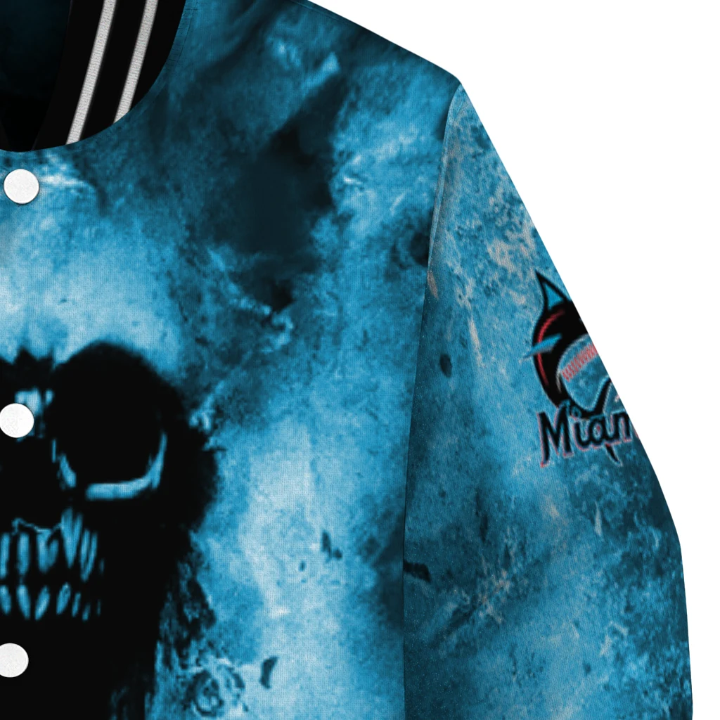 personalized miami marlins skull cluster blue varsity jacket premium grade personalized miami marlins skull cluster blue varsity jacket premium grade