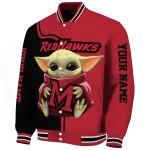 personalized miami redhawks adorable yoda red black varsity jacket best selling