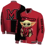 personalized miami redhawks adorable yoda red black varsity jacket best selling