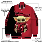 personalized miami redhawks adorable yoda red black varsity jacket best selling