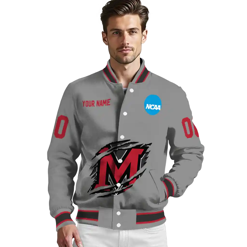 personalized miami redhawks feral slash grey varsity jacket high quality personalized miami redhawks feral slash grey varsity jacket high quality