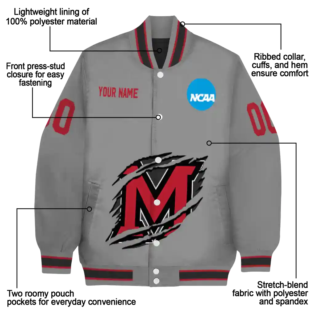 personalized miami redhawks feral slash grey varsity jacket new arrival personalized miami redhawks feral slash grey varsity jacket new arrival