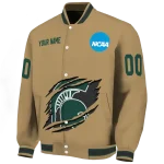 personalized michigan state spartans claw effect beige varsity jacket best selling