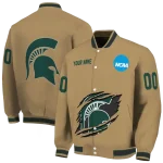 personalized michigan state spartans claw effect beige varsity jacket best selling