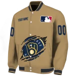 personalized milwaukee brewers claw swipe beige varsity jacket best selling